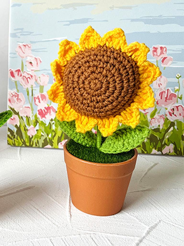 Hand-Knitted Sunflower Wool Flower Pot Plant Ornament Woven Flower Teacher's Day Potted Small Gift Artificial Flower