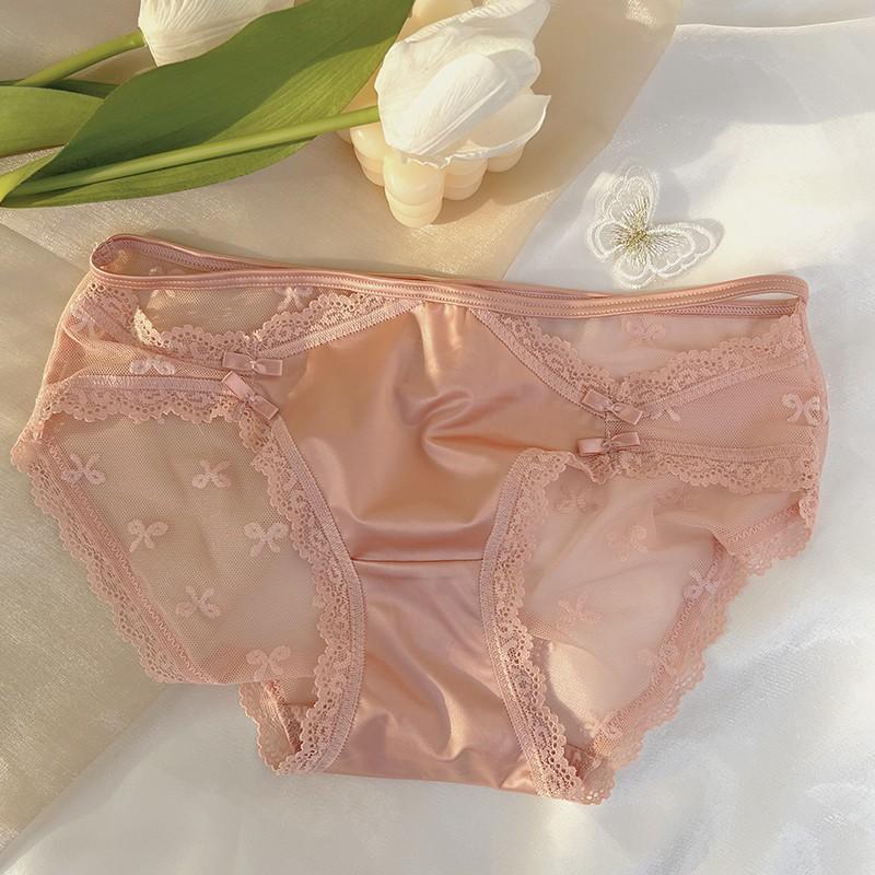 French Pure Desire Translucent Lace Edge Bow Underwear Women's High Elastic Comfortable Sexy Cotton Crotch Women's Briefs