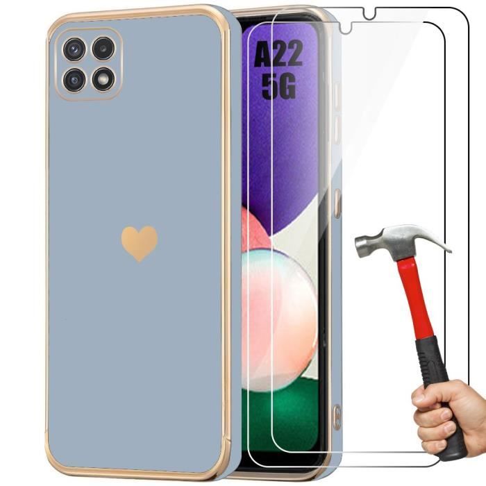 Coque pour Samsung Galaxy A22 5G - Bleu - Silicone Liquide - Motif Amour Doré - Protection Antichoc - Luxe