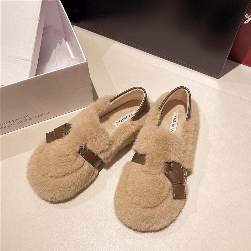 Fashion commuter flat-bottomed fluffy slippers women wear new autumn and winter high-end bag head soft-soled cotton shoes