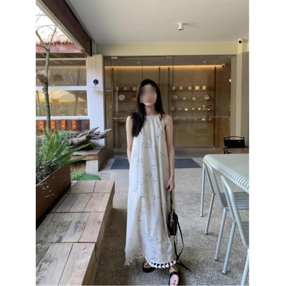 New Chinese Style Dark Pattern Bamboo Neck Dress Women's Summer New Beach Loose Design Holiday Style Long Skirt