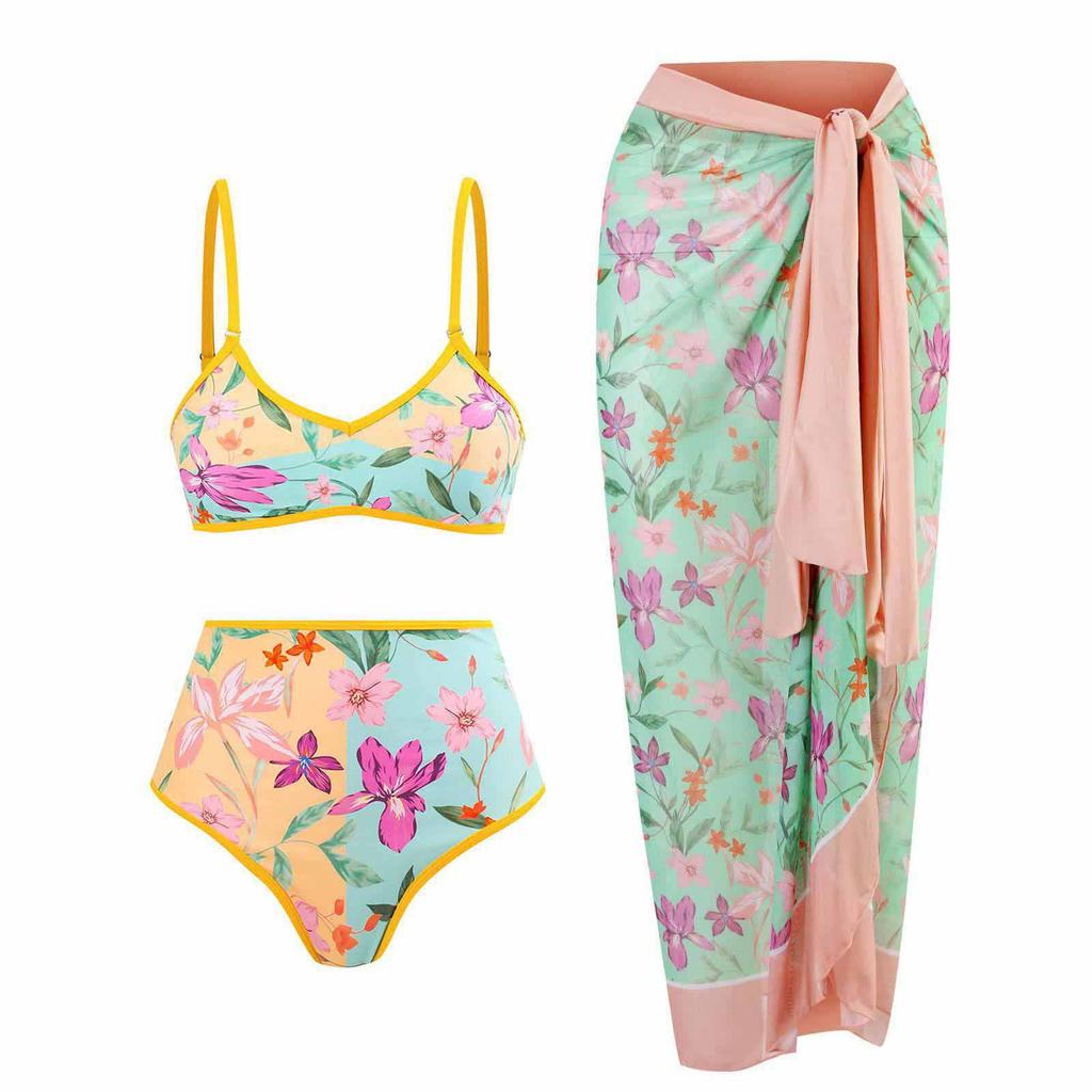 Women's 3-Piece Bikini Set Two-Sided Wearable Reversible Swimsuit with Adjustable Top, High-Waisted Bottom & Sarong, Quick-Dry Fabric