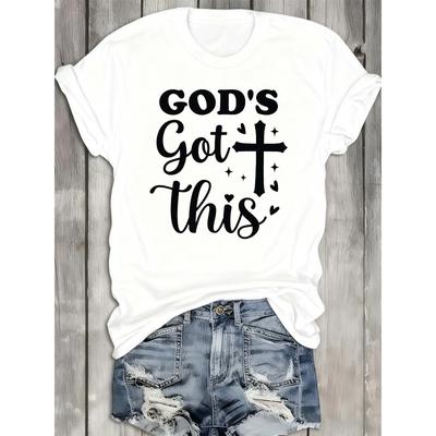 European Sizes Women'S God'S Got This Christian T-Shirt - 180gsm "God'S Got This" Print, White Round Neck Short Sleeve Top for Church, Daily Wear