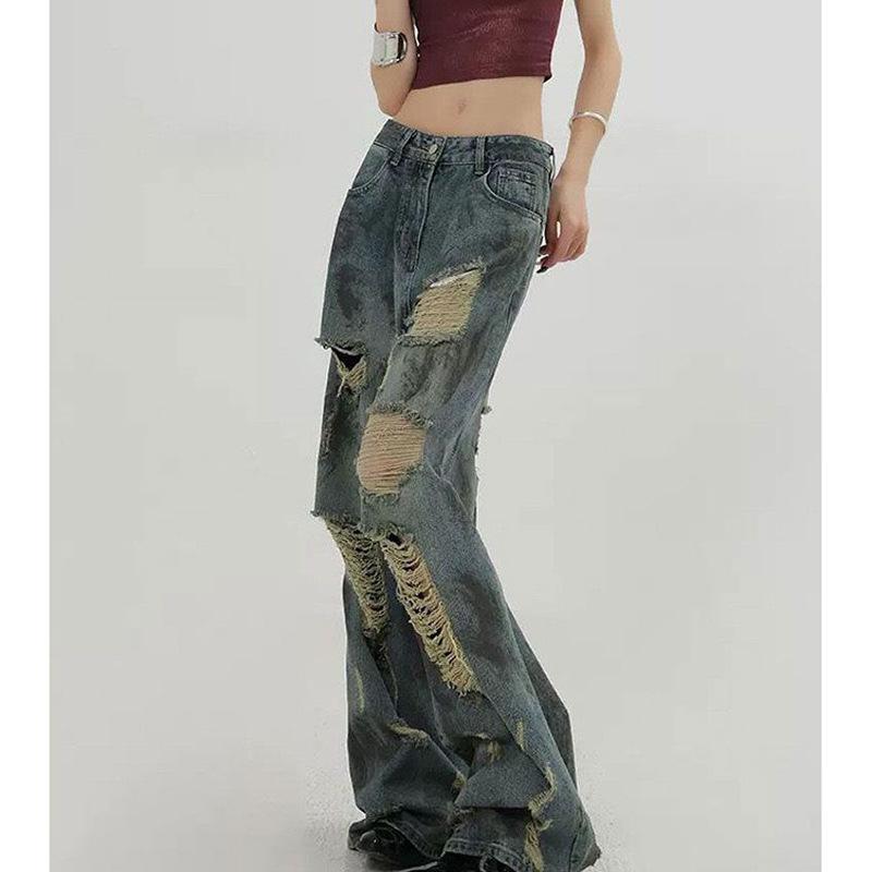 Wasteland Style Retro Ripped Jeans Women's Spring and Summer New Design Sense High Waist and Thin Large Size Wide Legs Mopping Trousers