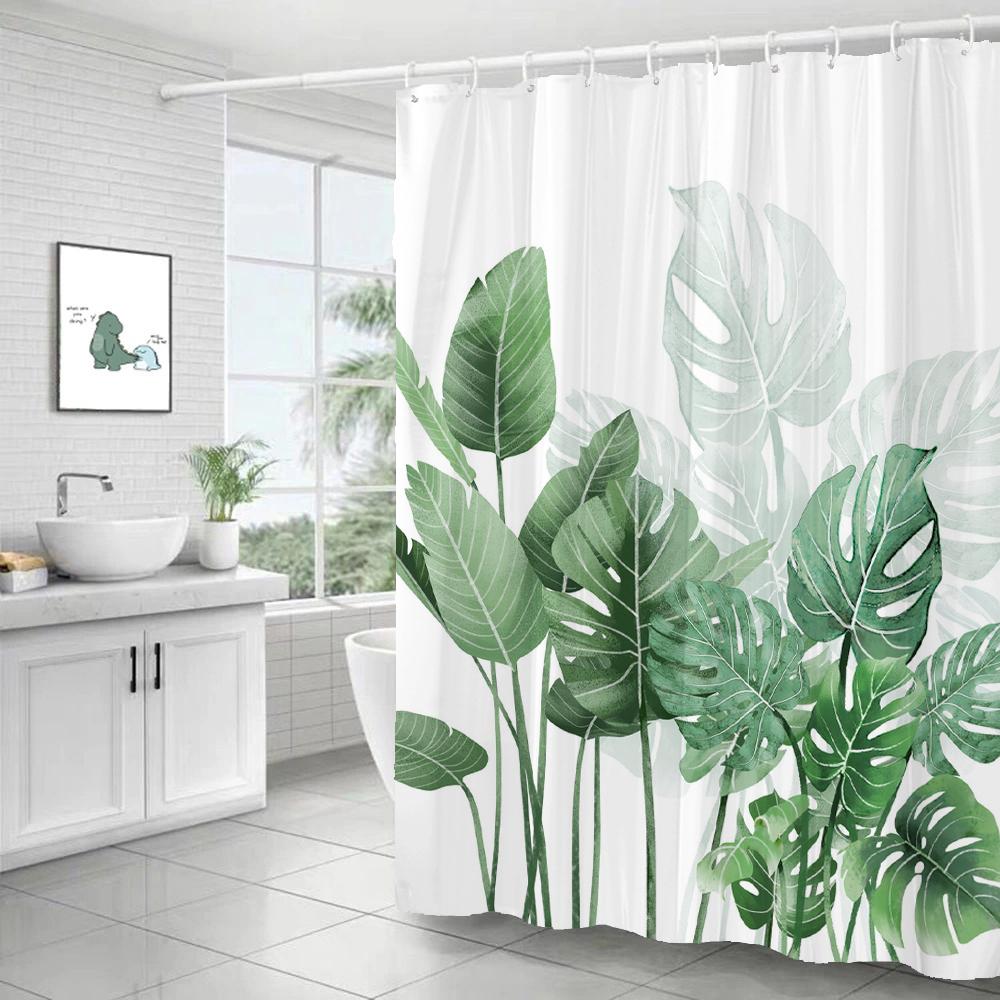 Green Leaf Plant Simple Nordic Printing Bathroom Shower Curtain Polyester Waterproof Home Decoration Curtain with 12 Hooks