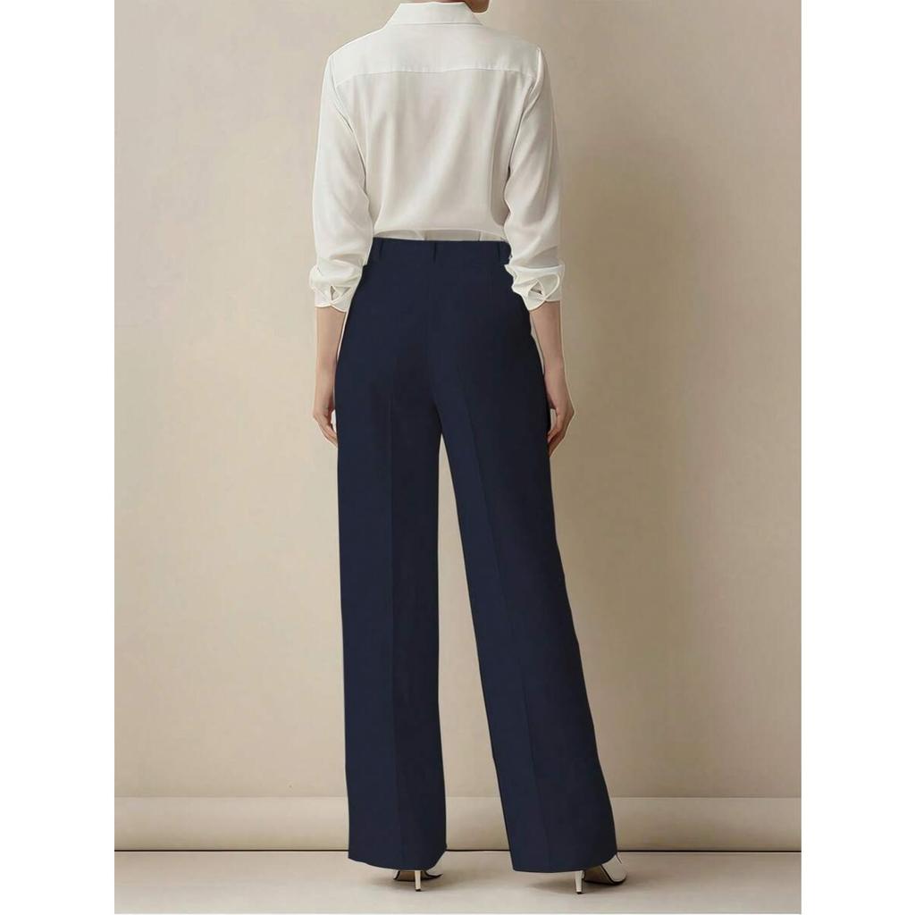 Jednokolorowe spodnie casual, Damskie spodnie z wysokim stanem, plisowane, luźne, Spodnie do pracy