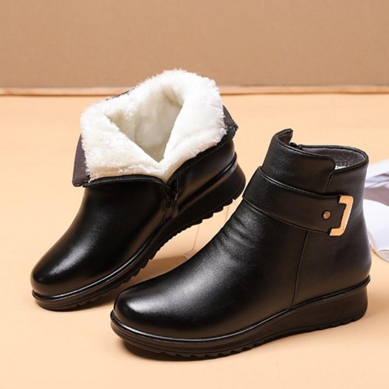 Women Winter Ankle Boots Warm Fleece Lined Anti Slip Leather Shoes for Elderly