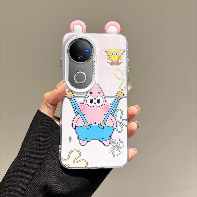 KEYSION Cute Ear Cartoon Case for VIVO V50 5G with Lanyard Soft Silicone+PC Shockproof Phone Back Cover for VIVO V50