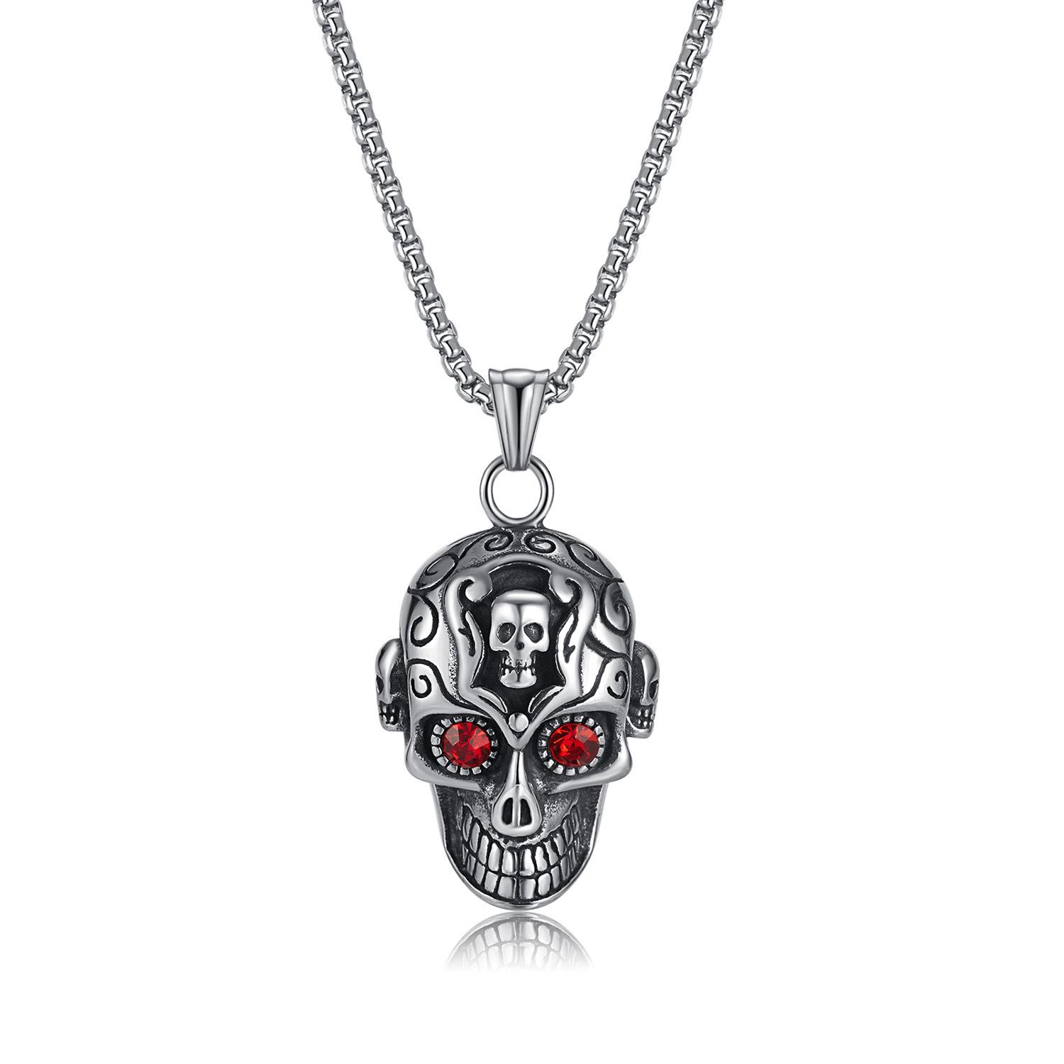 Hot Selling Titanium Steel Skull Personalized Retro Red Eyes Hip-hop Punk Necklace Men
