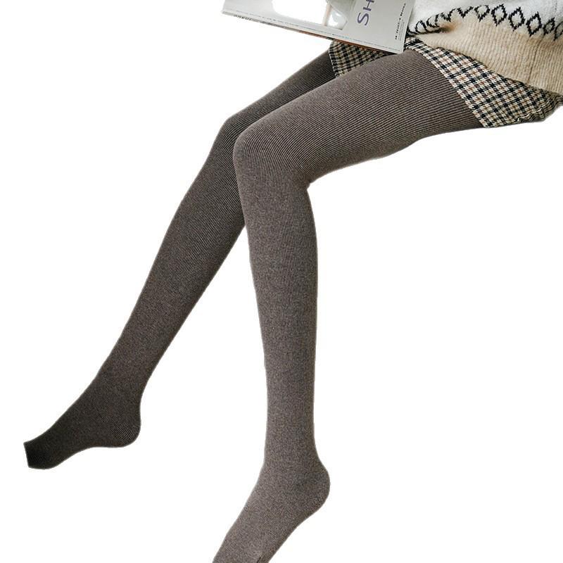 Grey Vertical Stripe High-Waisted Leggings for Women with Thin Fleece, Footed Tights, and Thickened Design for Autumn and Winter.