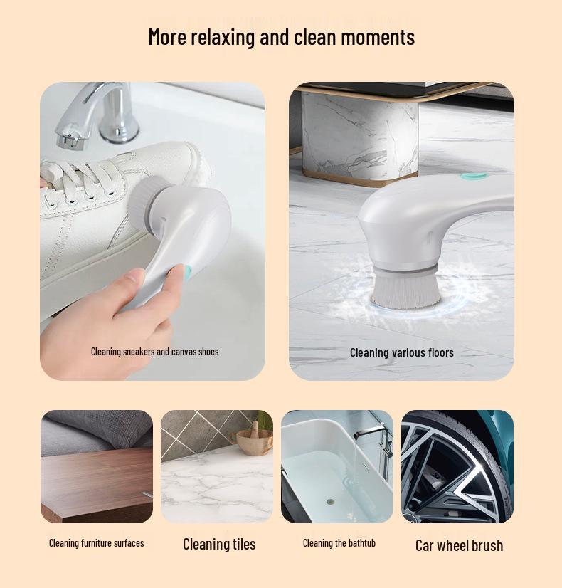 Wireless Handheld Multifunctional Cleaning Brush with 5 Replacement Heads for Kitchen Pots and Pans