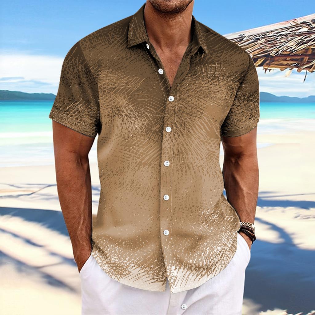 Striped Gradient Printed Top with Lapel Fashionable Men's Short-sleeved Shirts