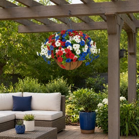 Artificial Outdoor Flower with Hanging Baskets, Red White Blue Fake Flower Planter, Patriotic Decor for 4th of July, Porch Garden