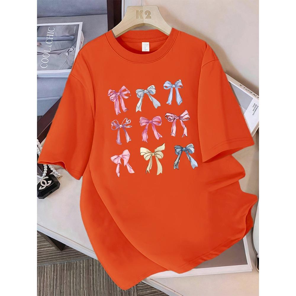 Summer T-shirt Women's Colorful Bow Printed Short Sleeve Comfortable Soft Round Neck Top Holiday Casual Women's Clothing