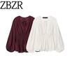 Zbzr Spring New Women Clothes Western Style Strap Decoration V-neck Lantern Long Sleeve Pleat Shirts Top 1300636
