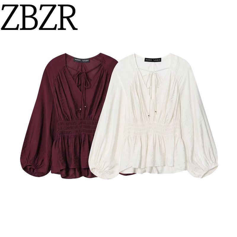 Zbzr Spring New Women Clothes Western Style Strap Decoration V-neck Lantern Long Sleeve Pleat Shirts Top 1300636