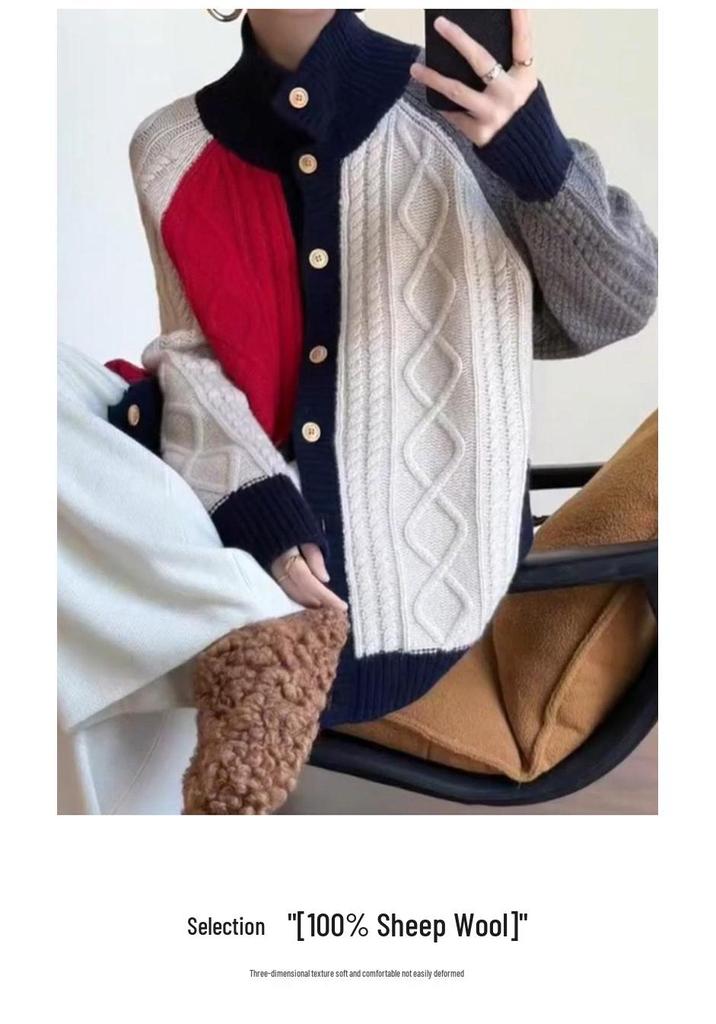 European Style Women's Color Block High Neck Wool Cardigan - Autumn/Winter Loose Fit Sweater Coat