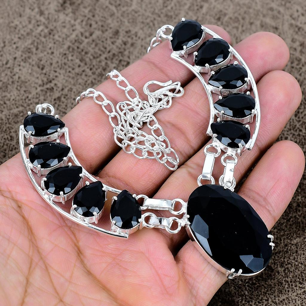 Black Spinel Gemstone Handmade 925 Sterling Silver Jewelry Necklace 18" KKG-435