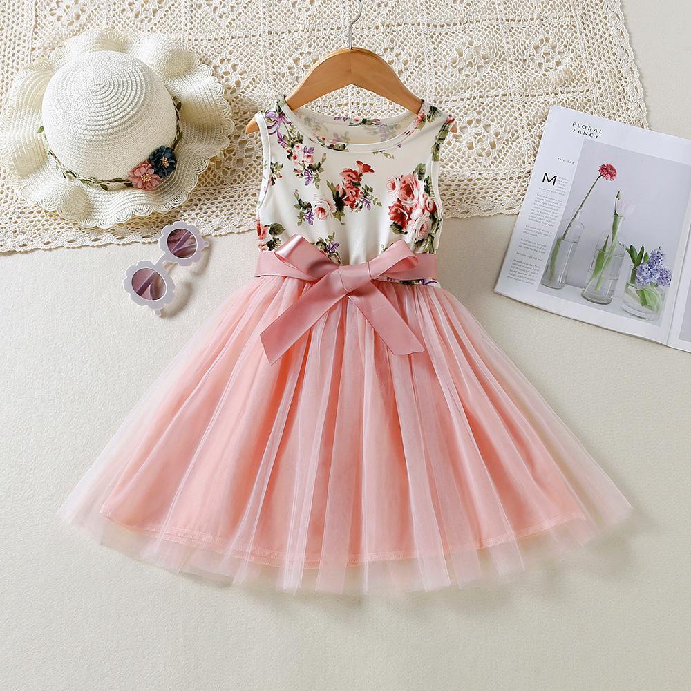 Girls Floral Mesh Sleeveless Princess Dress Spring Summer New Arrival Kids Party Dress 90cm