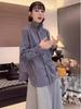 Women's Blue Long Sleeve French Wood Ear Edge Stand Collar Shirt - 2026 Spring/Autumn Chic Loose Fit