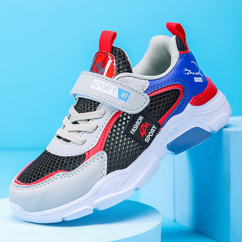 1910 boys medium and large 2025 mesh leather surface children's casual shoes sports shoes sports shoes casual classmate boy run