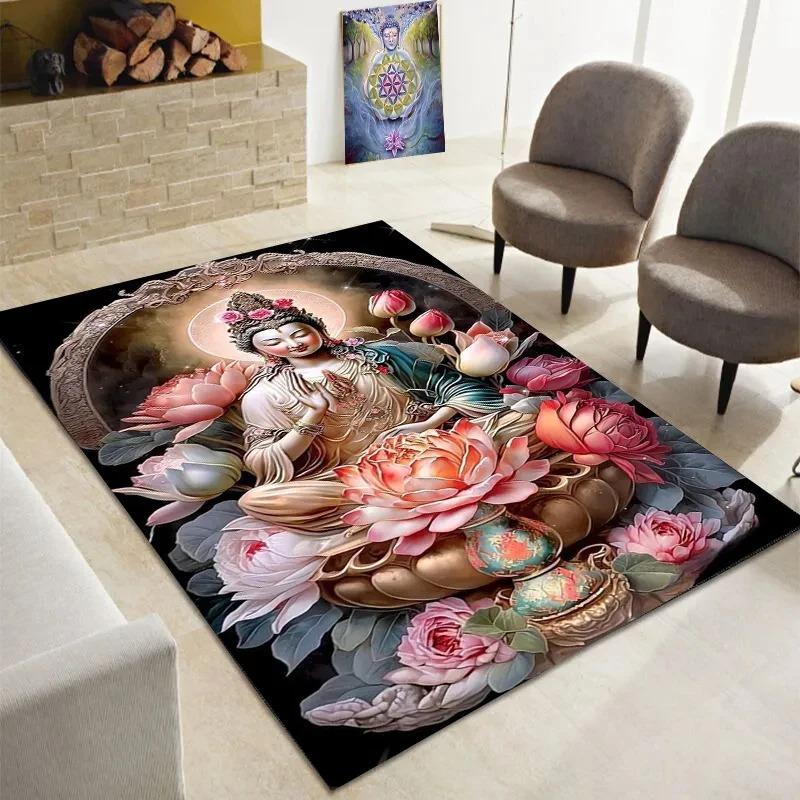 Buddha Gedruckter Teppich Tempel Gebet Bodenmatte Buddhismus Bereichsteppiche für Schlafzimmer Wohnzimmer Eingangsbereich Rutschfest Yoga Lounge Teppich
