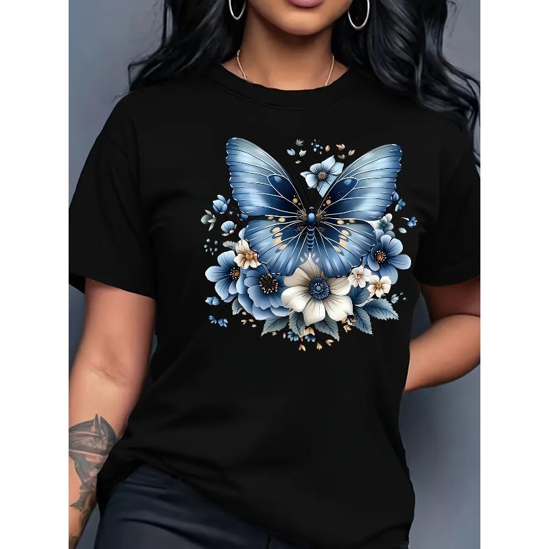 

Womens Butterfly Print T Shirt Short Sleeve Crew Neck Casual Spring Summer Everyday Wear Top 4XL