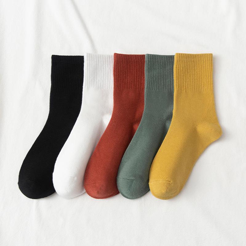 

Женские хлопковые носки до середины икры однотонные с японской вышивкой - Повседневный студенческий стиль для осени и зимы Ginger Yellow