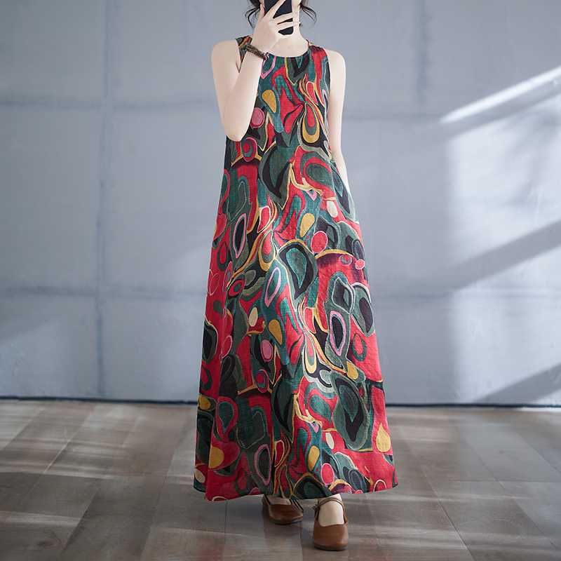 Long Skirt Summer New Sleeveless Round Neck Printed Dress