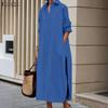 WomenTurn Down Collar Long Sleeve Splits Casual Shirt Dress