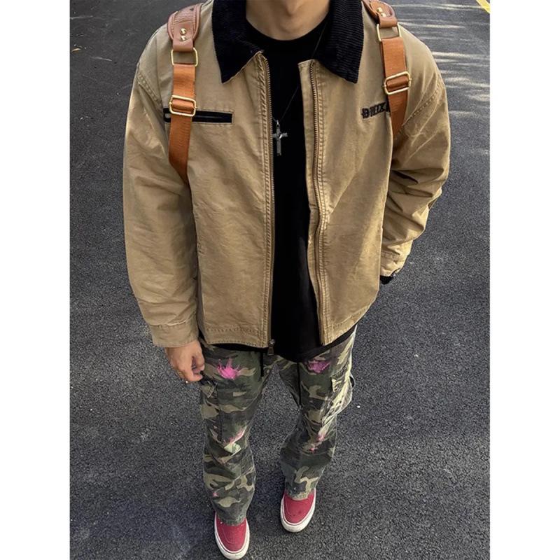 Men s American Retro Khaki Color Block Workwear Jacket - Versatile Lapel Outerwear for Spring & Autumn XL