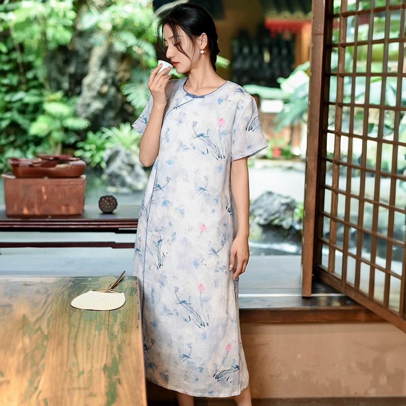 Johnature Damen Kleider im chinesischen Stil mit Blumenmuster, O-Ausschnitt, kurze Ärmel, hochwertiges Sommerkleid in A-Linie