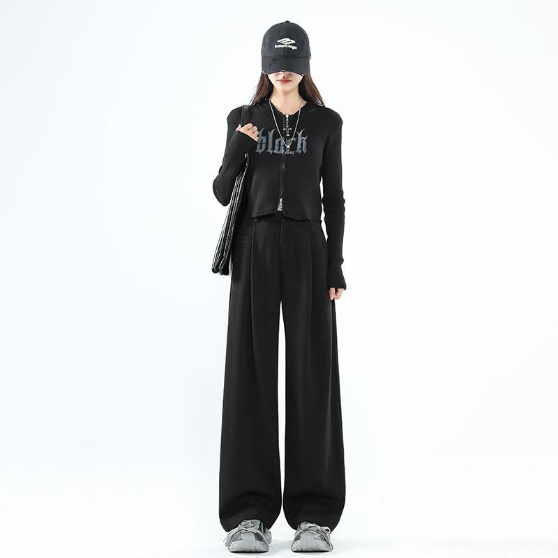 

Coffee-colored woolen wide-leg pants, women s new high-waisted loose casual pants in autumn and winter, with a sense of design, thin and long pants S чёрный