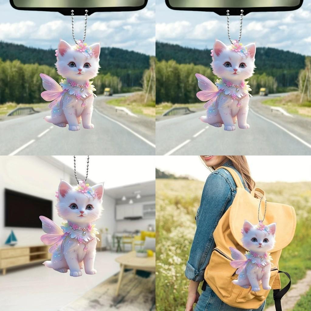 With Cat Angel Wings Acrylic Flat Surface Car Decor Pendant For Auto Interior