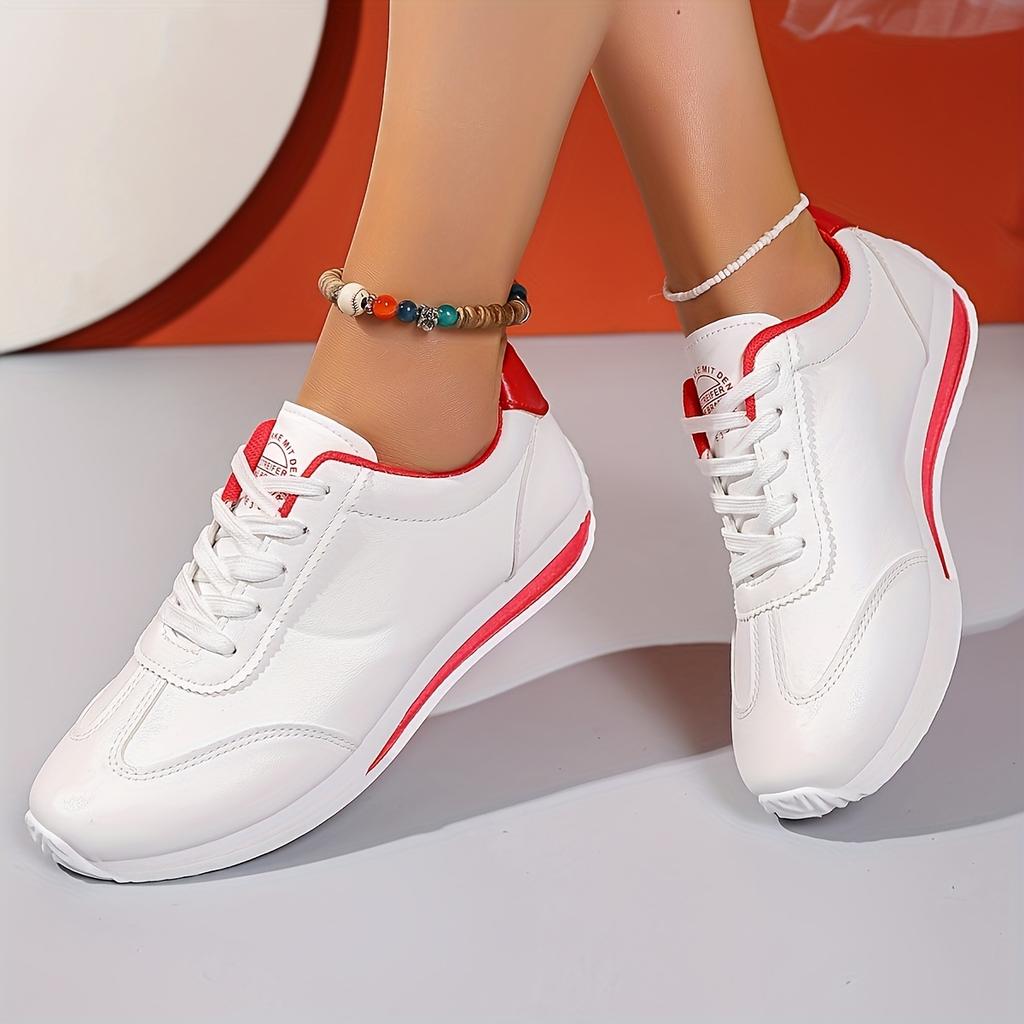 Women's Low-Top Sneakers Striped Sole White Sneakers Casual Outfits - Sporty Lace-Up Shoes with Fabric Upper Women Shoes