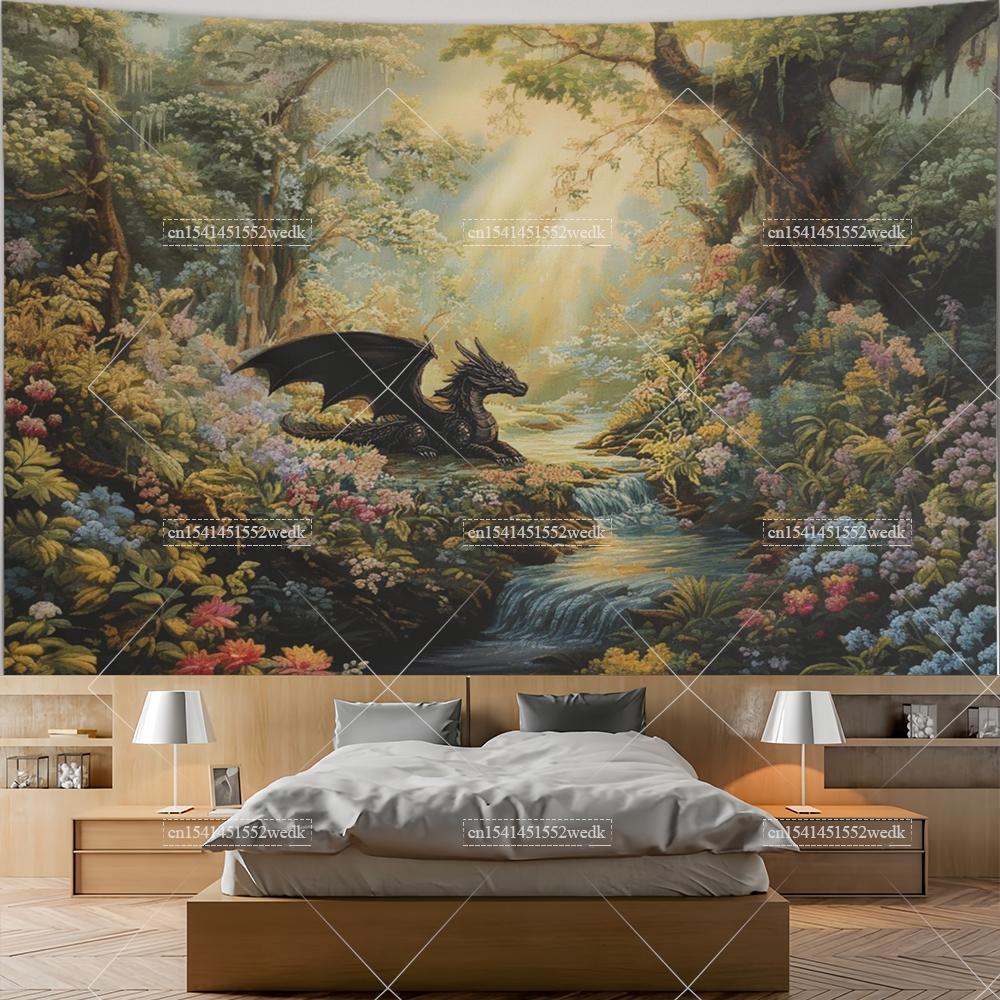 Fantasy Drache Mittelalterliche Wandteppiche Wandbehang Landschafts-Wandteppiche Ästhetische Raumdekoration Poster Retro Hintergrundtücher