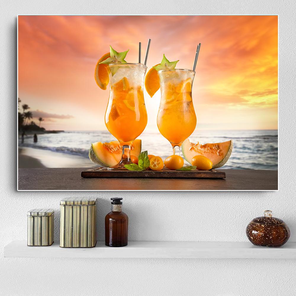 Modern Fresh Fruit Juices and Cocktails Canvas Painting Summer Sea Wall Picture Posters and Prints for Living Room Decor Cuadros