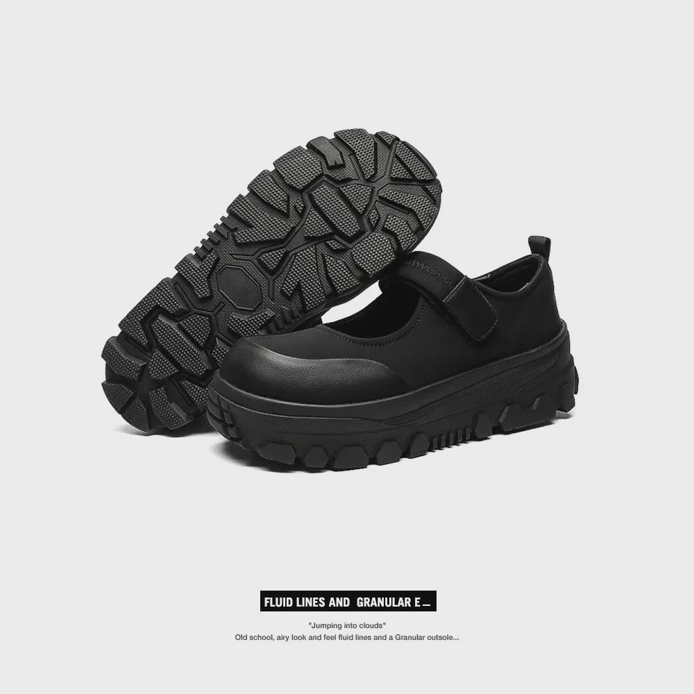 Women's Black Matte Leather Mary Jane Derby Shoes with Thick Sole and Round Toe, Men's Retro British Style.