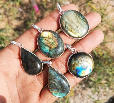Labradorite Gemstone 925 Sterling Silver Plated Wholesale Lot 5Pcs Bezel Pendants