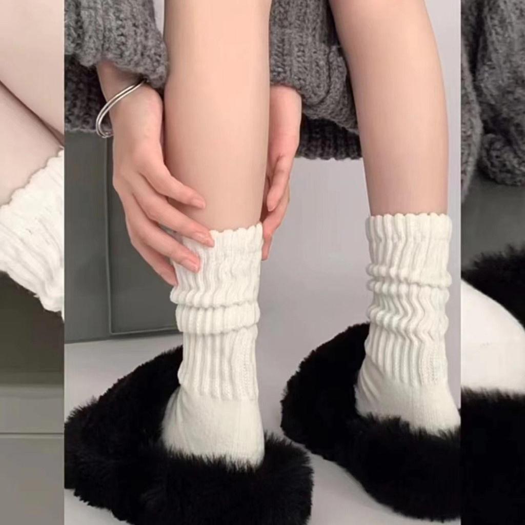Women's White Wool Knitted Mid-Calf Socks - Slimming, Knee-High, Perfect with Leather Shoes