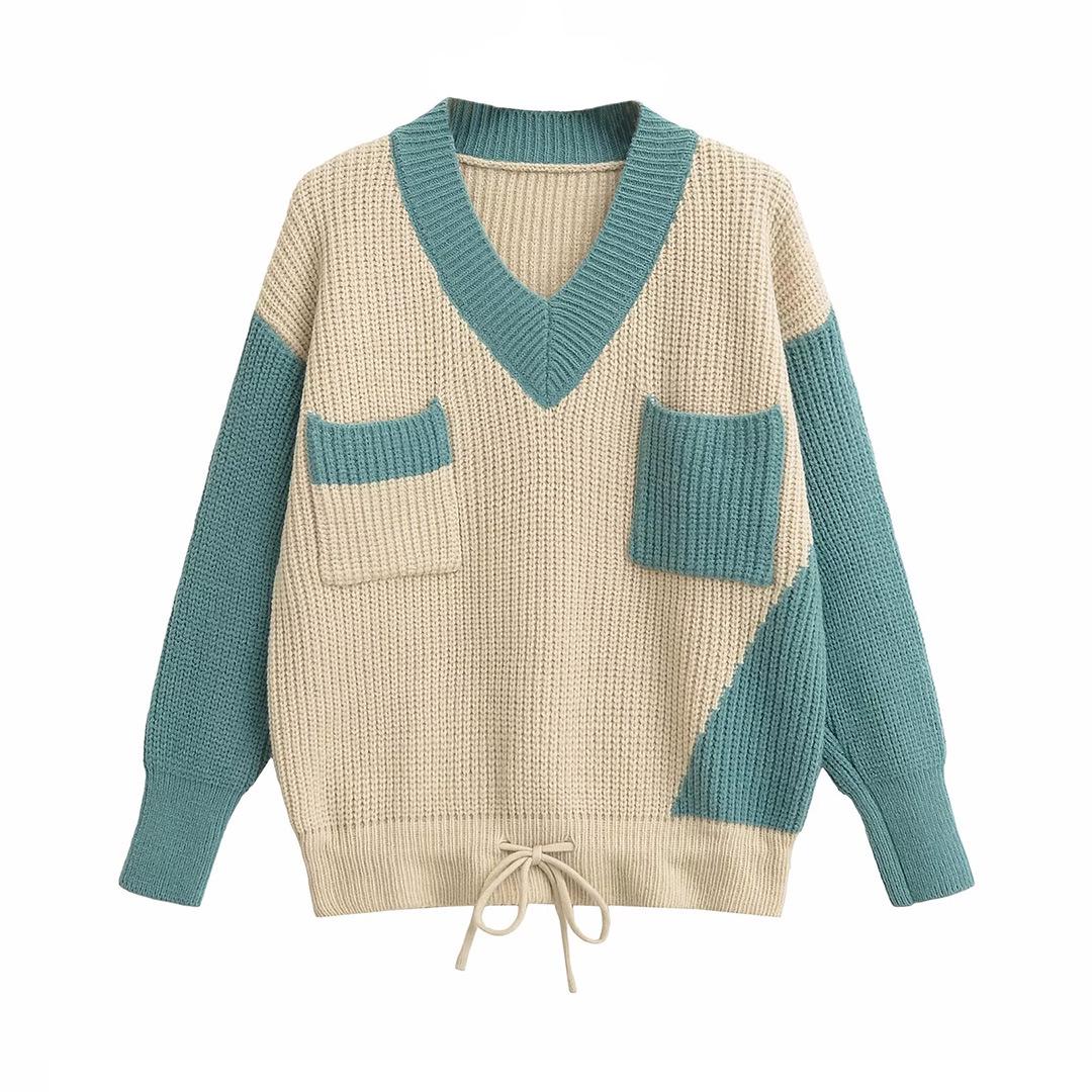

Зимний женский европейско-американский вязаный свитер с V-образным вырезом и цветными блоками 2024 One Size