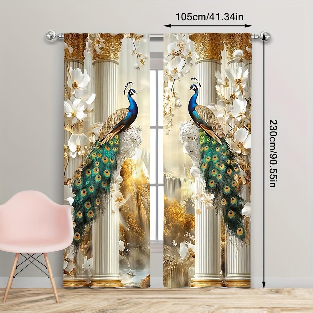 2pcs 2D Flat Gold Peacock Print Curtains – for Bedroom & Living Room   Multiple Sizes Available