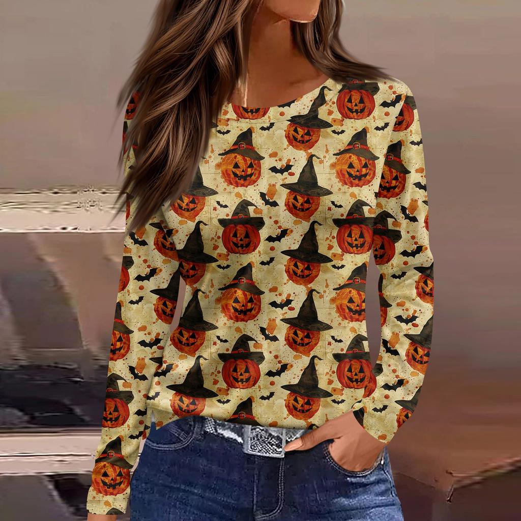 Damenmode Saumschlitz Lässig Halloween-Print Rundhals Langarm Oberteil