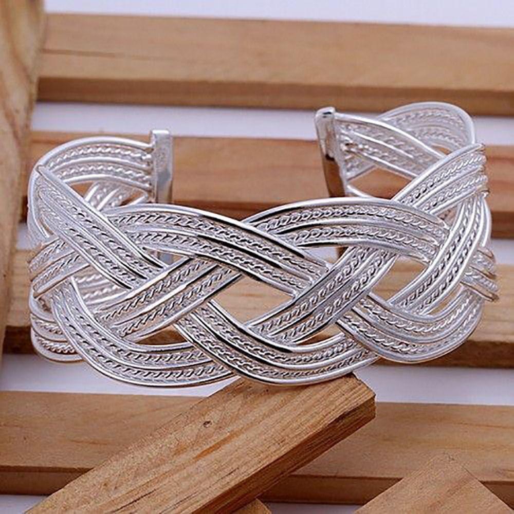 Resizable Wide Open Bangle Silver Woven Bracelet Unique Hollow Charm Bracelet  Gift