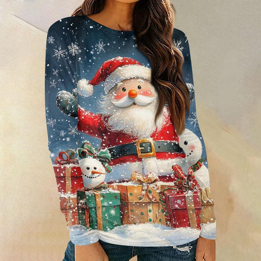 Christmas Party Women T-shirt Santa Claus Print Long Sleeve Holiday Graphic Tops O-Neck Casual Style Fall Winter Female Tees