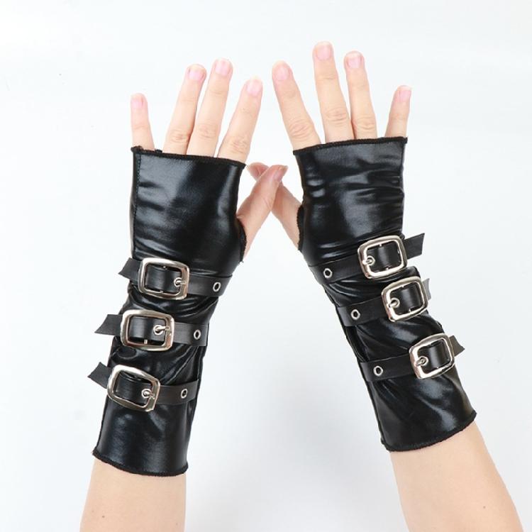 Punk Motorcycling Gloves with Metal Buckles Fastening Soft Arm Sleeves Fingerless Gloves for Women Night Club Dancing