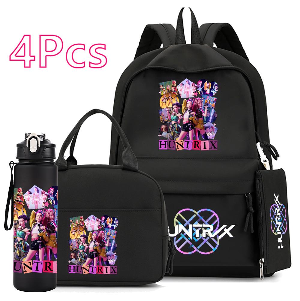 4Pcs/set Anime Demon Hunters Printed 750Ml Water Bottler Backpack Handbag Pencil Case for Teenager Boy Girl Large Capacity Waterproof Schoolbag