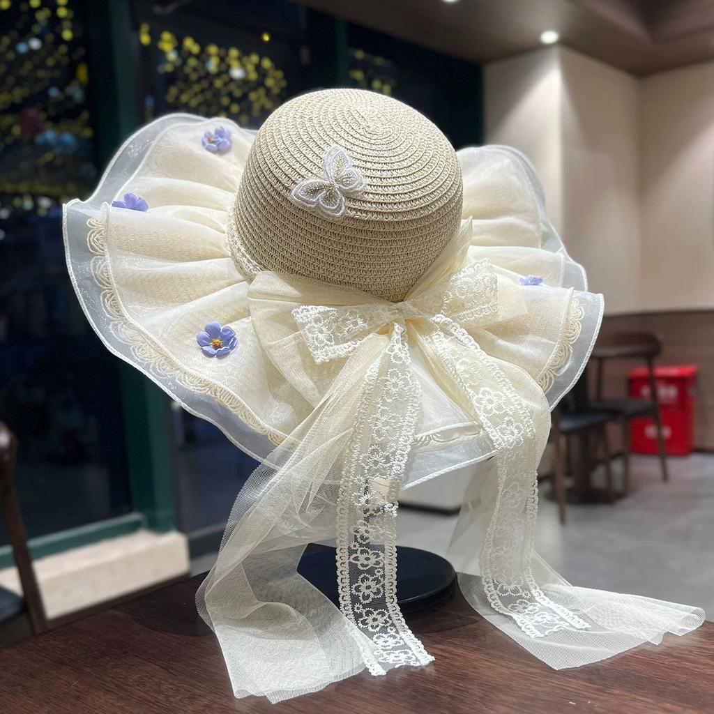 Bow Flower Big Brim Beach Straw Hat Women Spring and Summer New Seaside Sunshade Sun Hat Tide