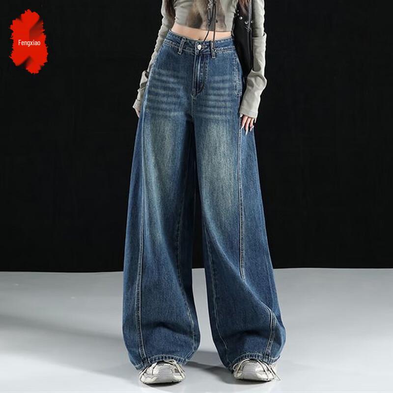 

FENGXIAO Women s Retro Blue Faded Wide-Leg Jeans XL