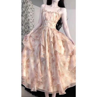 2025 Summer Oil Painting Print Waist-Hugging Ruffle Spaghetti Strap Dress & Cardigan Set